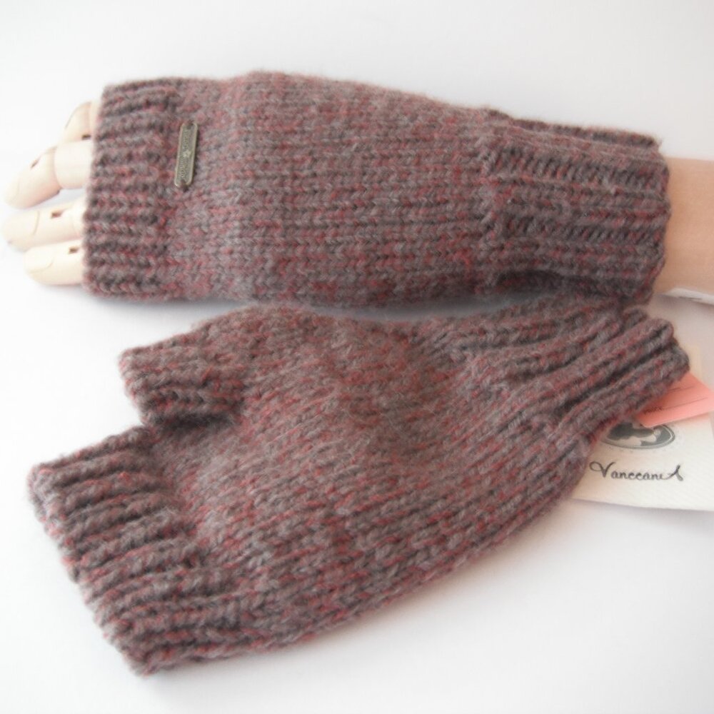 Handmade Fingerless Gloves Mittens Wrist Warmers Wool Blend Size M-L Gray/Brown